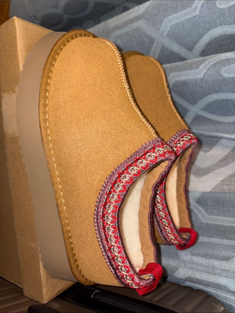Women's Tan Suede Slip-On Shoes with Red Trim